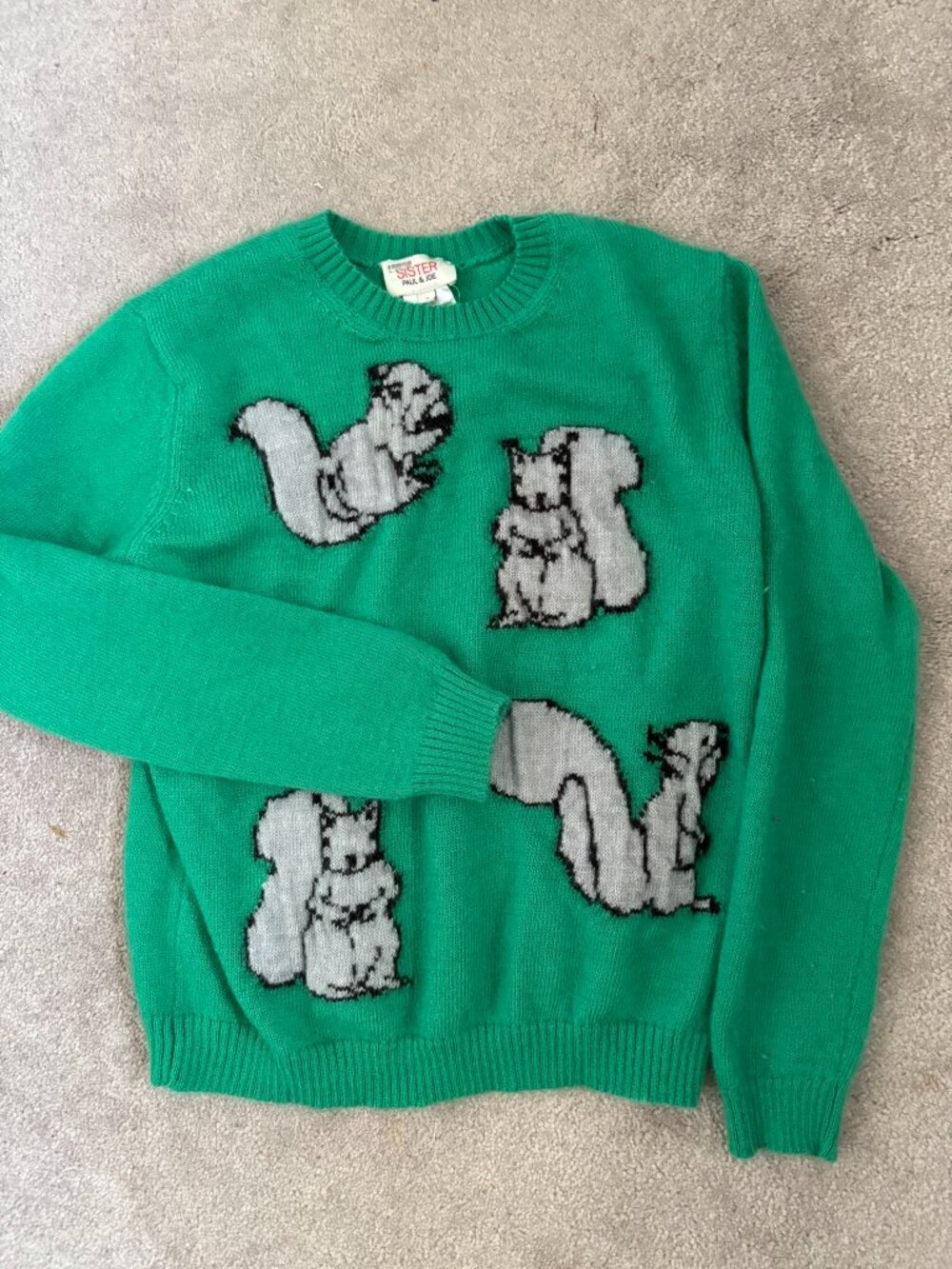 Paul and Joe Green Sweater with Grey Squirrel Motif size 2